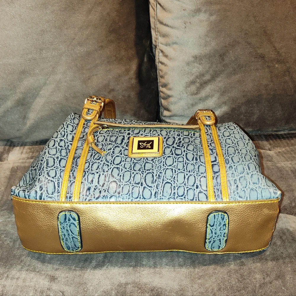 Sharif Blue and Gold Embossed Shoulder Bag - Picture 9 of 16